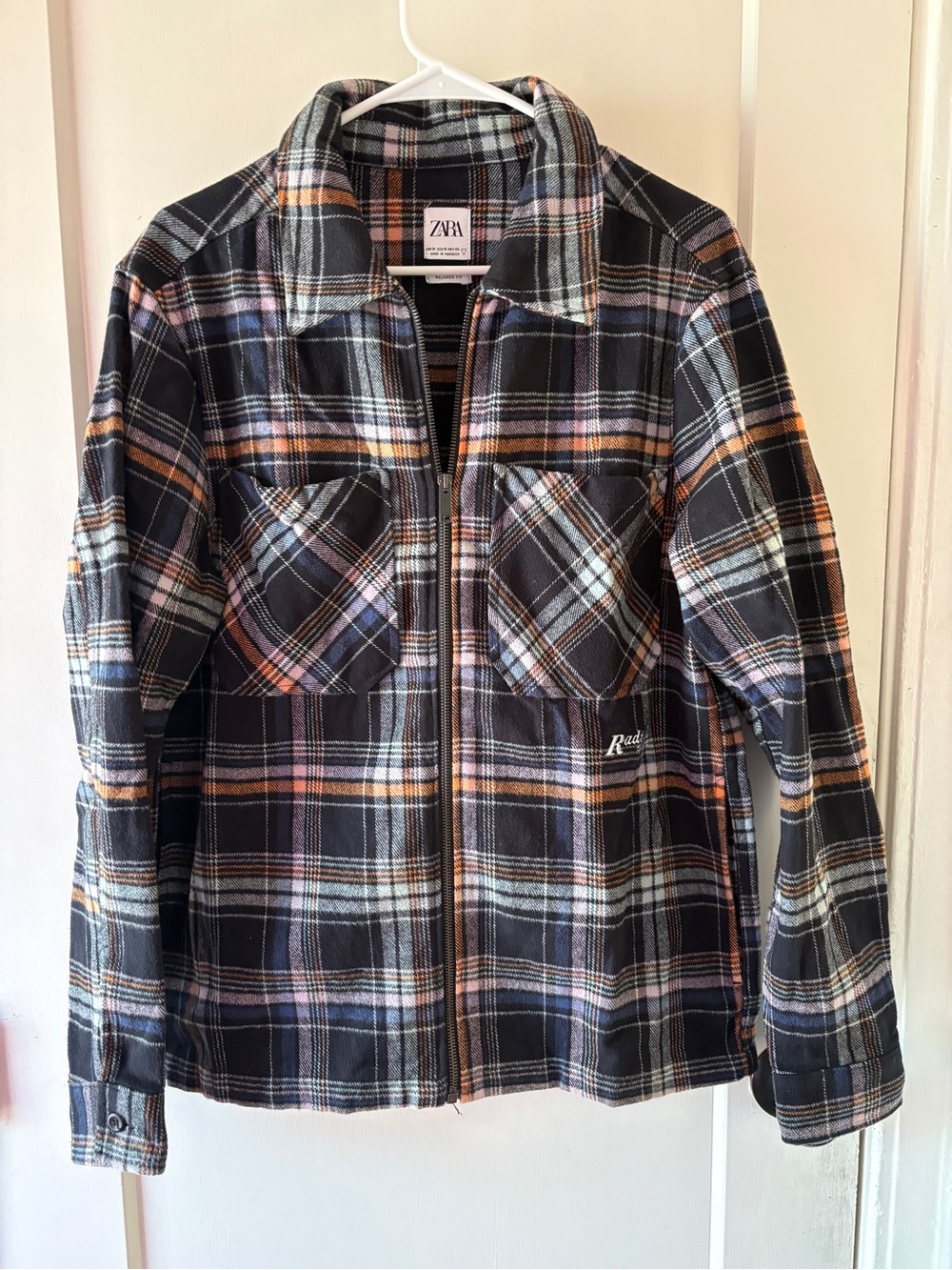 Zara Black Plaid Zip-Up Jacket with Orange & Light Blue Accents